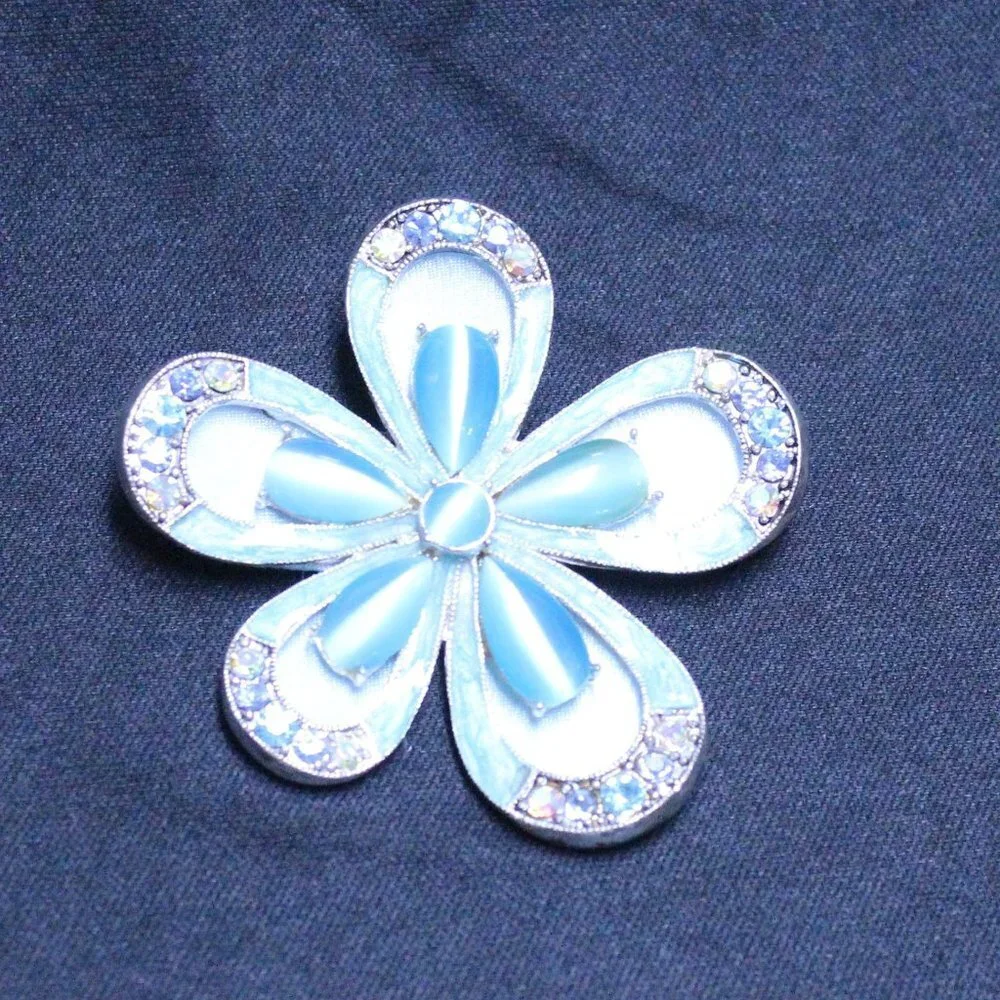 Monet Blue Moonstone & Rhinestone Flower Brooch